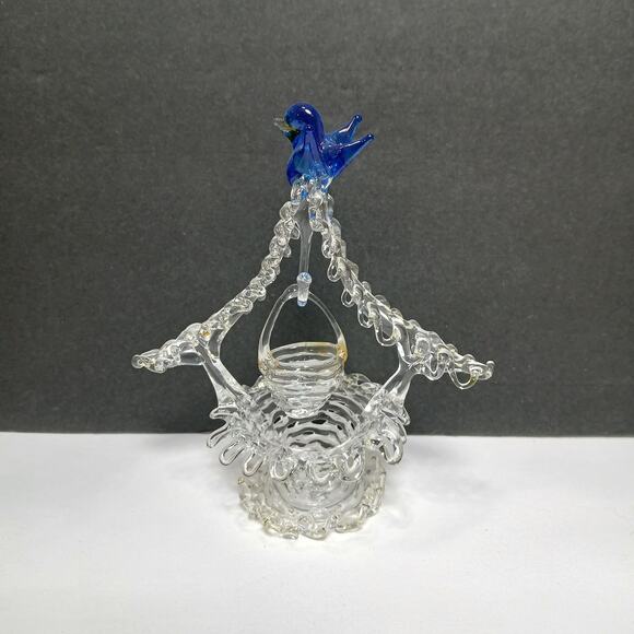 Hand Blown Spun Art Glass Mini Bluebird on top of Well Mini 4" Figurine - Picture 3 of 9